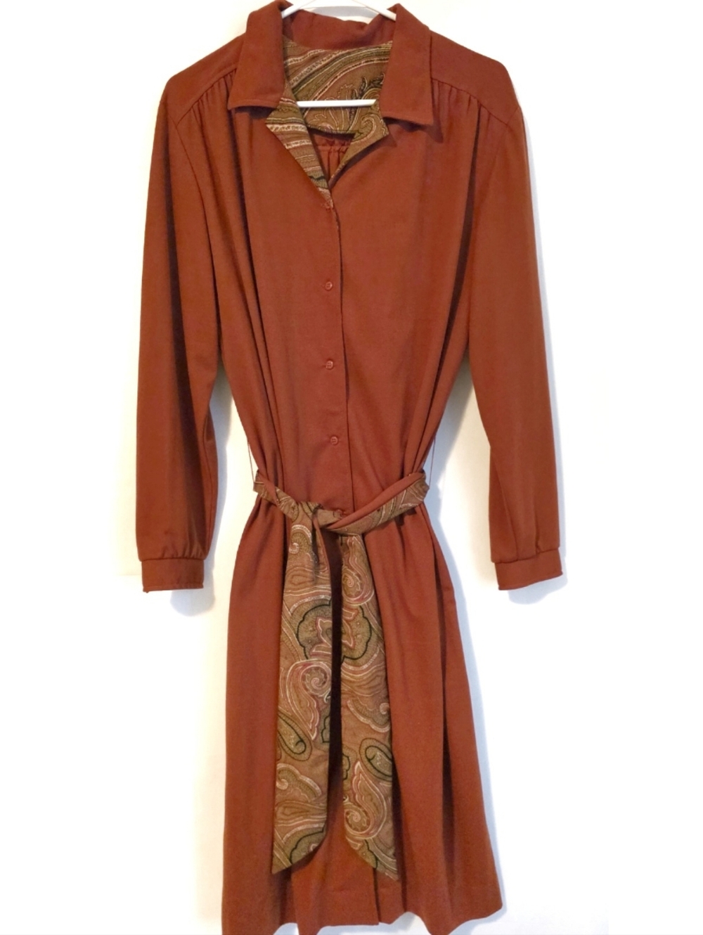 VINTAGE 70's Belted Rust Brown Shirt Dress with Paisley Trim L XL